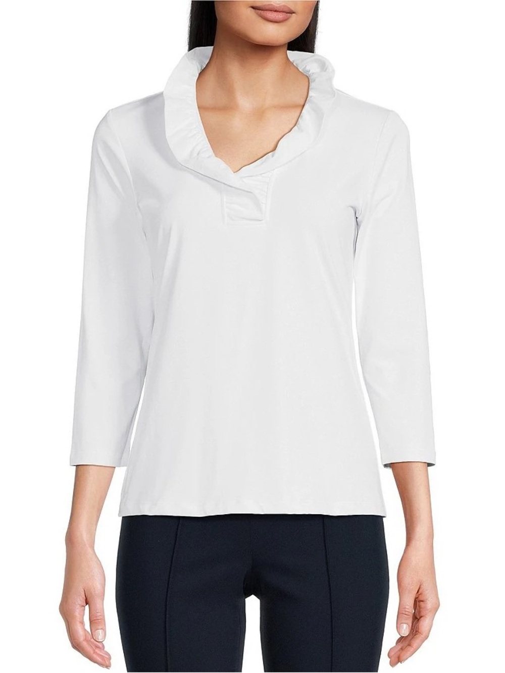J McLaughlin Women’s Coastal Preppy Chic White Ruffle VNeck 3/4 Sleeve Top Small